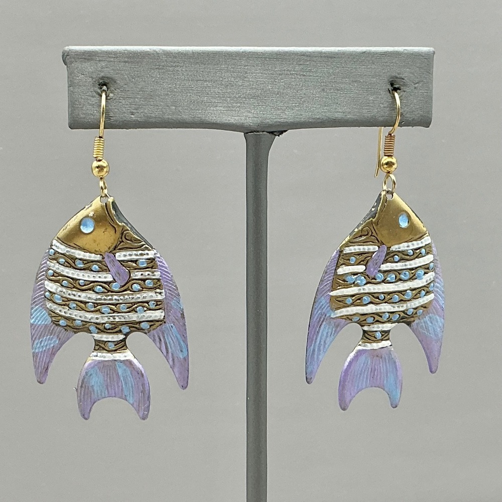 Fish Earrings Women Purple Gold Tone Painted Metal Tropical Boho Drop 2.25 Inch